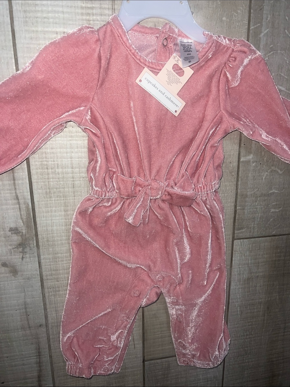Baby 6M Cupcakes & Cashmere Blush pink Velvet Baby Romper with Waist Tie NWT